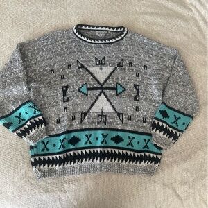 Vintage Adele Knitwear Sweater Southwest Print Gray Green 90s Fair Isle L / XL
